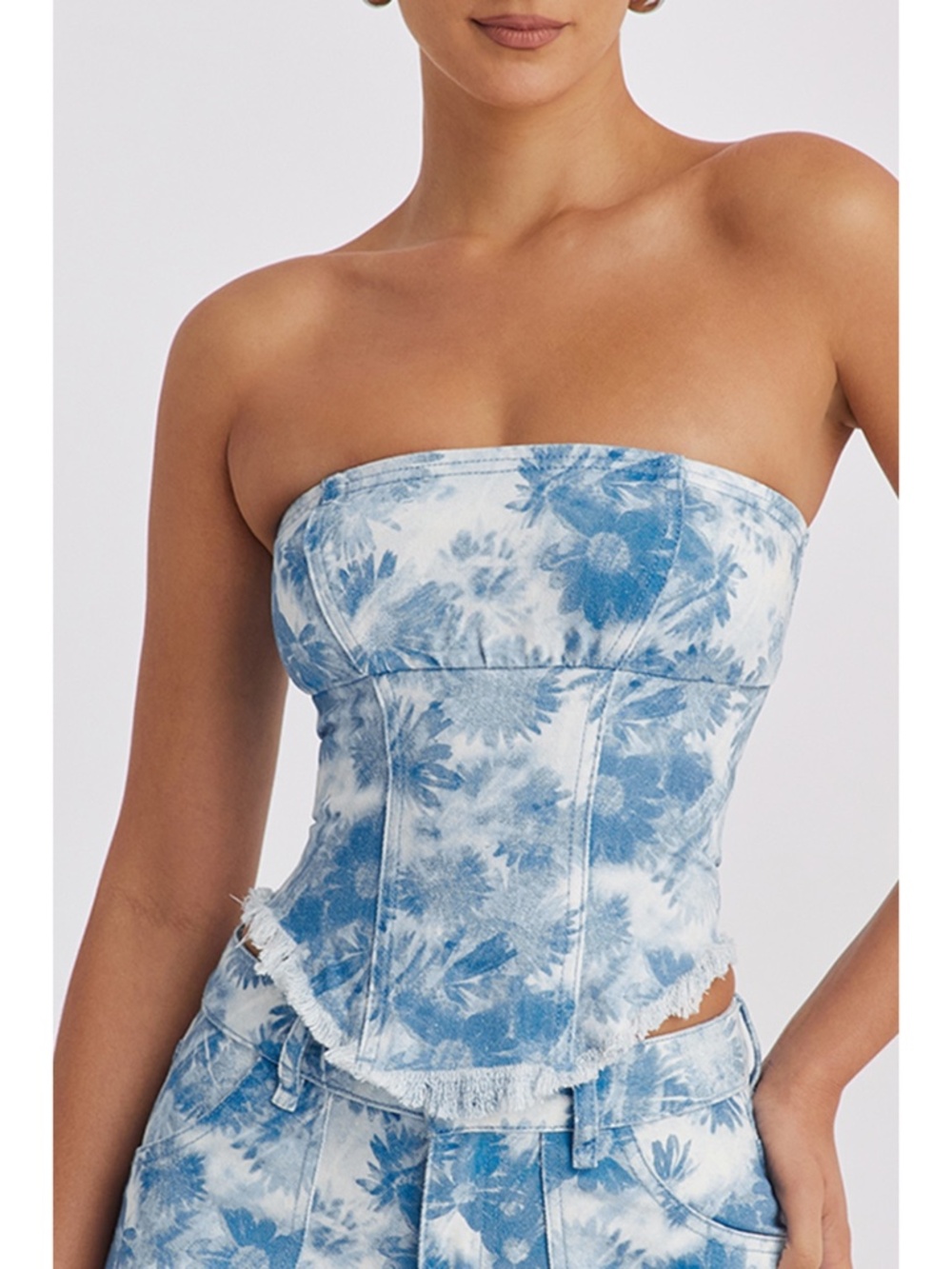 NEW Mistress Rocks Blue Floral Print Strapless Denim Top XS